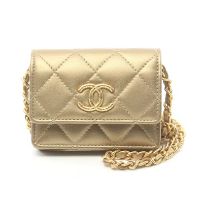 Pre-owned Chanel Matelasse Card Case Chain Shoulder Bag Leather Gold Gold Hardware
