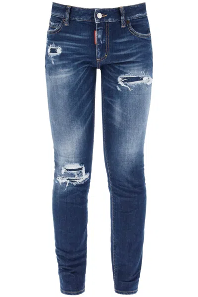 Shop Dsquared2 Jennifer Medium Waist Ripped Knee Wash Jeans In Blu