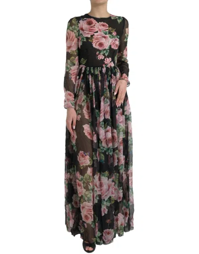 Shop Dolce & Gabbana Elegant Black Silk Maxi Dress With Rose Print