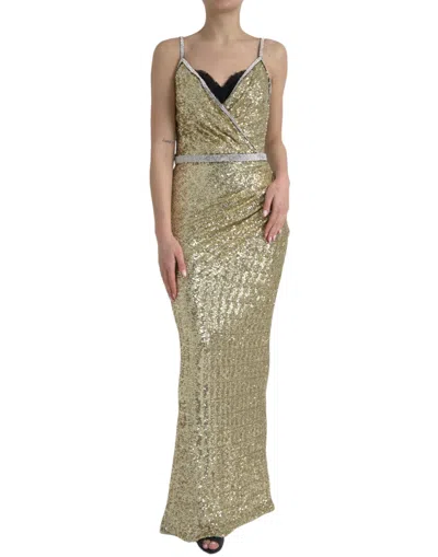 Shop Dolce & Gabbana Golden Sequin Evening Dress With Silk Blend Lining