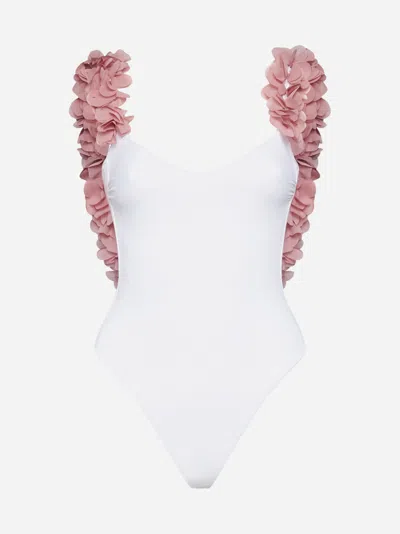 Shop La Reveche Amira Frills Swimsuit In White,pink