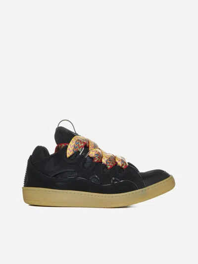 Shop Lanvin Curb Leather And Mesh Sneakers In Black