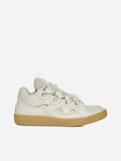 Shop Lanvin Curb Leather And Mesh Sneakers In Chalk