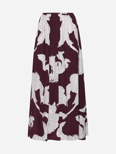 Shop Valentino Print Silk Skirt In Burgundy,pearl