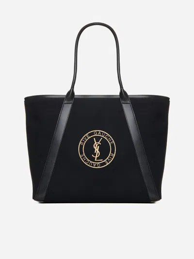 Shop Saint Laurent Rive Gauche Canvas Tote Bag In Black