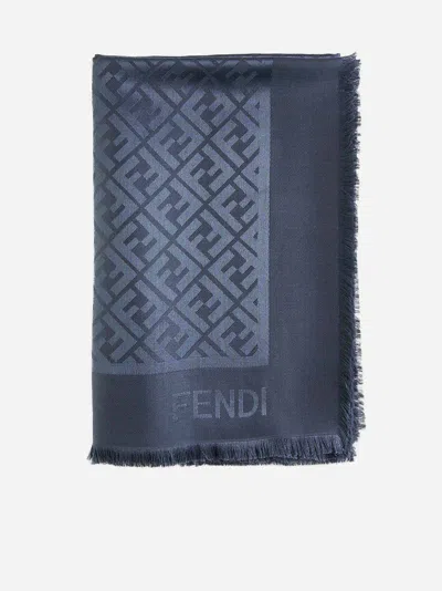 Shop Fendi Ff Silk And Wool Shawl In Dark Blue