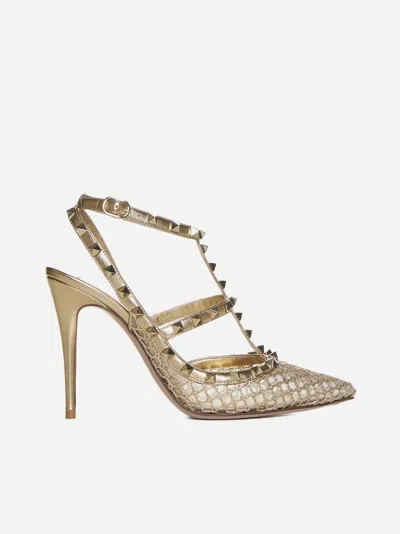 Shop Valentino Rockstud Mesh And Leather Pumps In Star Gold