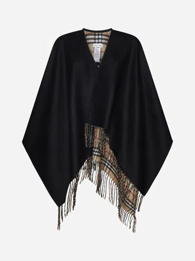 Shop Burberry Check Wool Poncho In Black,beige