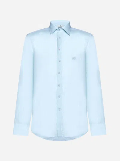 Shop Etro Logo Linen Shirt In Medium Aqua Blue