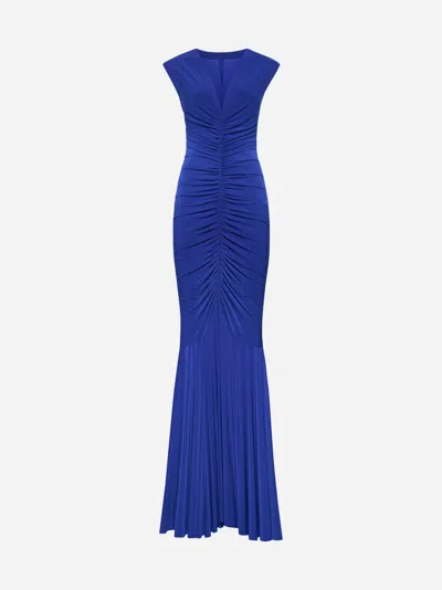 Shop Norma Kamali Sleeveless Deep V Neck Shirred Front Fishtail Gown