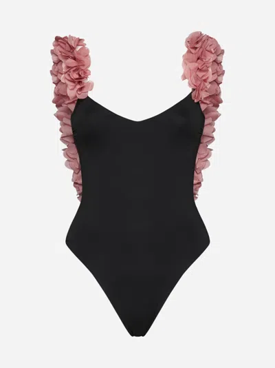 Shop La Reveche Amira Frills Swimsuit In Black,pink