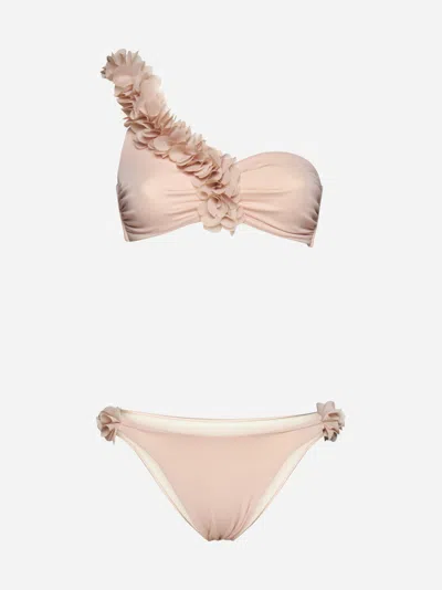 Shop La Reveche Rasha One-shoulder Frills Bikini In Quartz Rose