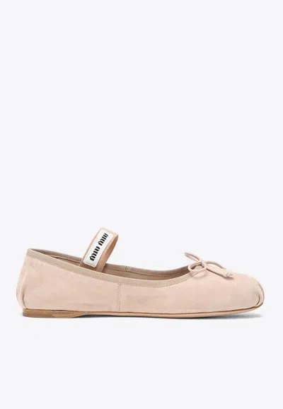 Shop Miu Miu Bow-embellished Leather Ballet Flats In Pink