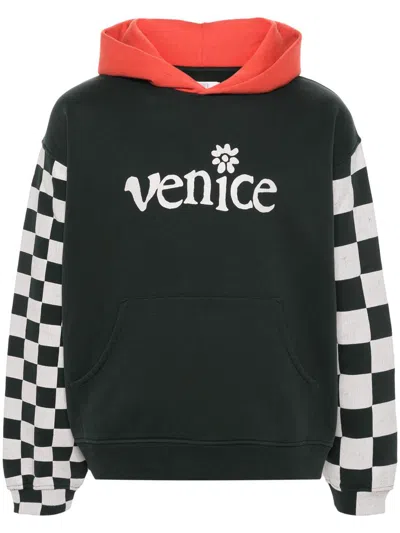 Shop Erl Men Venice Checker Sleeve Hoodie Knit Clothing In Black