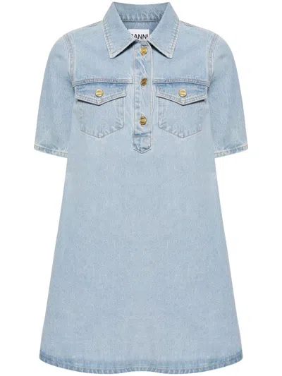Shop Ganni Cutline Denim Mini Dress Clothing In 567 Mid Blue Vintage