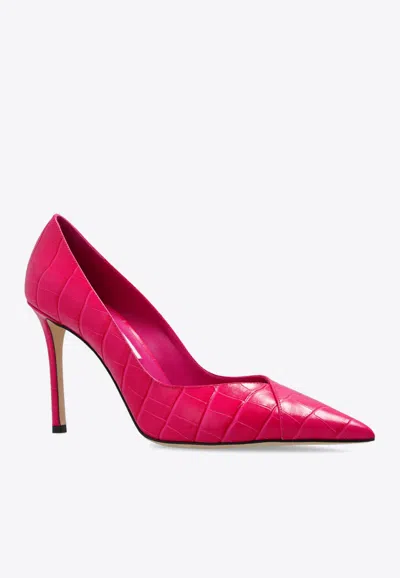 Shop Jimmy Choo Cass 95 Croc-embossed Leather Pumps In Pink