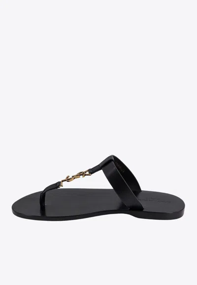 Shop Saint Laurent Cassandre Calf Leather Thong Sandals In Black