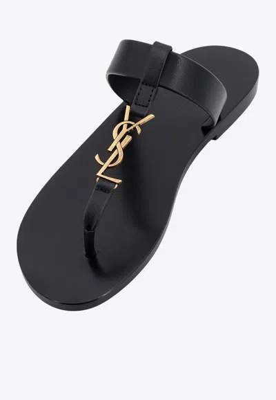 Shop Saint Laurent Cassandre Calf Leather Thong Sandals In Black
