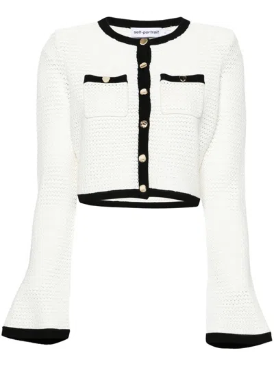 Shop Self-portrait White Crochet Cardigan Clothing