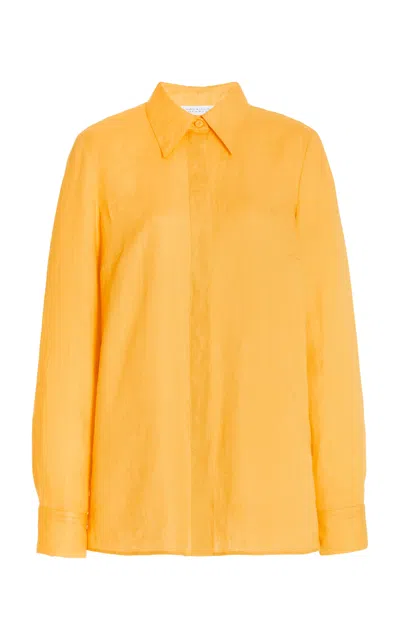 Shop Gabriela Hearst Cruz Shirt In Aloe Linen In Fluorescent Orange