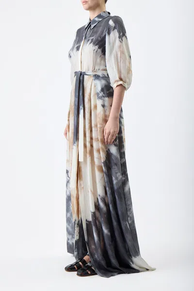 Shop Gabriela Hearst Daisy Pleated Maxi Shirtdress In Camel Multi Tie Dye Cashmere Silk Gauze