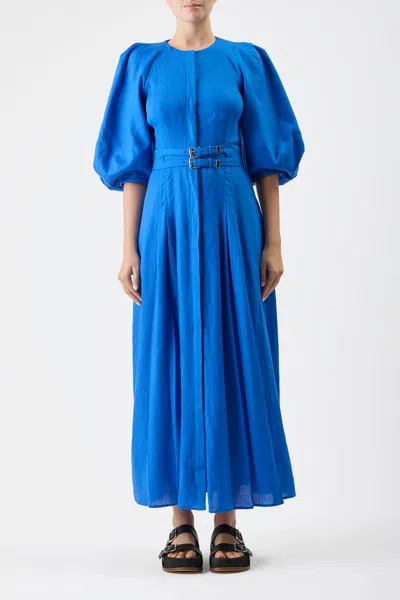 Shop Gabriela Hearst Elea Pleated Dress In Sapphire Aloe Linen