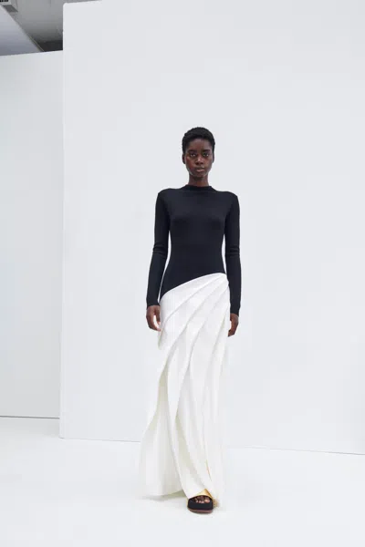 Shop Gabriela Hearst Ismay Pleated Dress In Black & Ivory Double Satin In Black/ivory