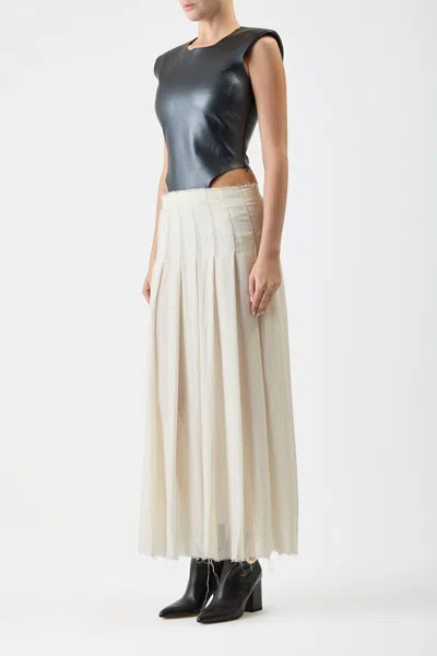 Shop Gabriela Hearst Mina Pleated Dress In Ivory Virgin Wool Cashmere With Metallic Nappa Leather Bodice In Black/ivory