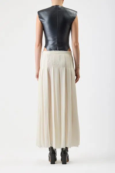 Shop Gabriela Hearst Mina Pleated Dress In Ivory Virgin Wool Cashmere With Metallic Nappa Leather Bodice In Black/ivory