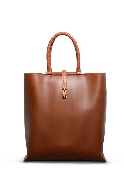 Gabriela Hearst Vevers Tote Bag In Cognac Leather With Crocodile Leather Handle In Cognac