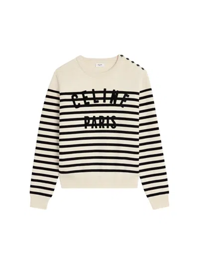 Shop Celine Marinière Crew Neck Sweater In Cotton Off-white / Black