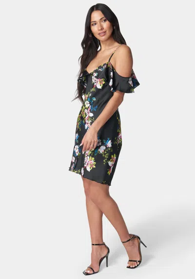 Shop Bebe Printed Bubble Satin Mini Dress In Black,multi