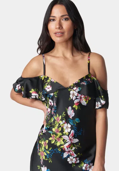 Shop Bebe Printed Bubble Satin Mini Dress In Black,multi