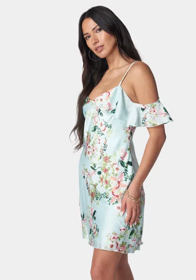 Shop Bebe Printed Bubble Satin Mini Dress In Mint,multi