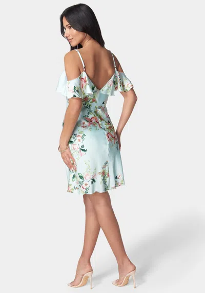 Shop Bebe Printed Bubble Satin Mini Dress In Mint,multi