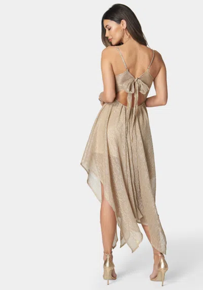 Bebe Dolce Pleat Sharkbite Maxi With Tie Back In Gold