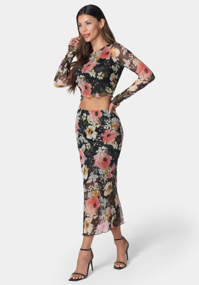 Bebe Mesh Printed Two Piece Long Sleeve Set In Black,coral