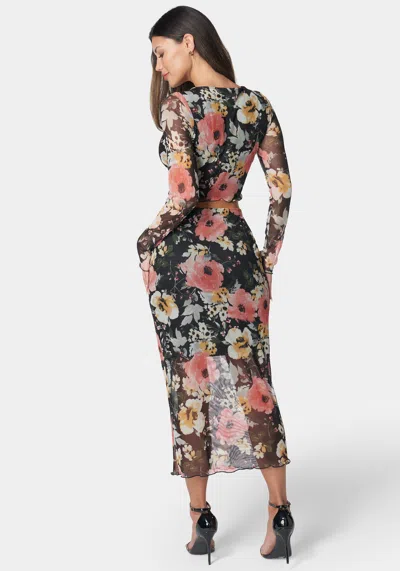 Bebe Mesh Printed Two Piece Long Sleeve Set In Black,coral