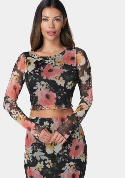 Bebe Mesh Printed Two Piece Long Sleeve Set In Black,coral