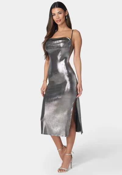 Bebe Foil Slinky Slim Maxi Dress In Silver