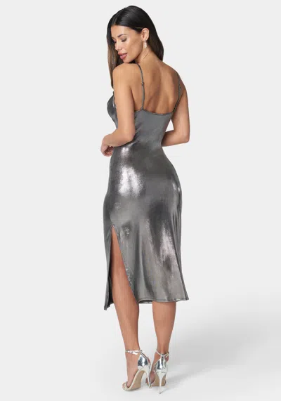 Bebe Foil Slinky Slim Maxi Dress In Silver