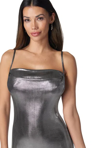 Bebe Foil Slinky Slim Maxi Dress In Silver