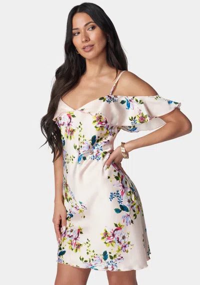 Shop Bebe Satin Printed Cold Shoulder Dress In Blush,multi