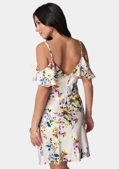 Shop Bebe Satin Printed Cold Shoulder Dress In Blush,multi