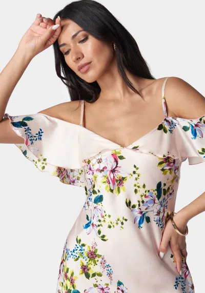 Shop Bebe Satin Printed Cold Shoulder Dress In Blush,multi