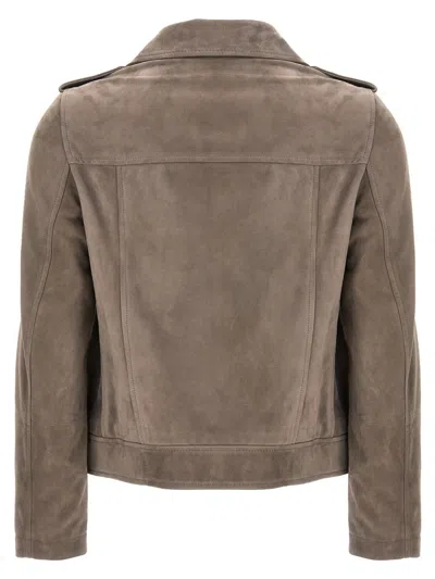 Shop Brunello Cucinelli Suede Biker Jacket In Gray