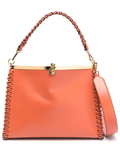 Shop Etro Large 'vela' Leather Bag With Threading In Red