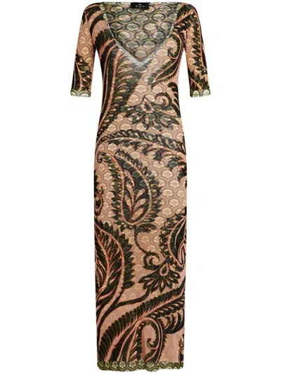 Shop Etro Printed Tulle Dress In Beige