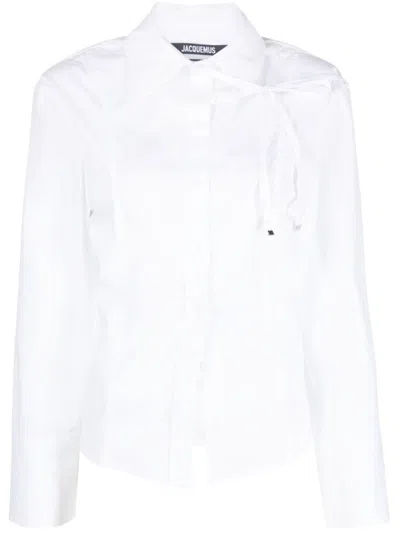 Shop Jacquemus La Chemise Ruban White Cotton Shirt With Front Knot Closure