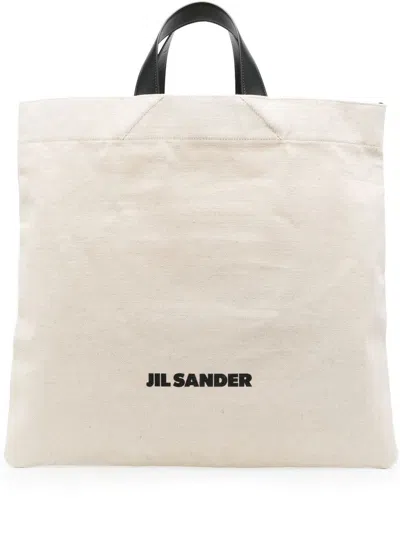 Shop Jil Sander Cotton And Linen Tote Bag With Logo Print In Beige